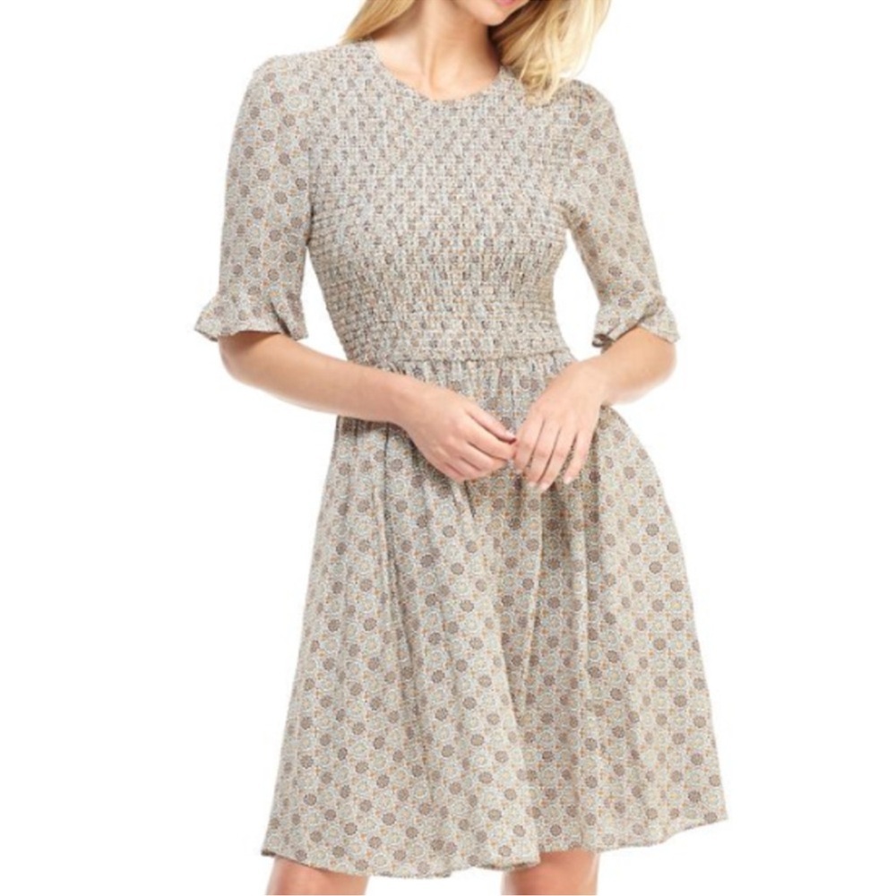 Gal Meets Glam Piper Smocked‎ Floral Print 1/2 Sleeve Mini Dress brown multi 8